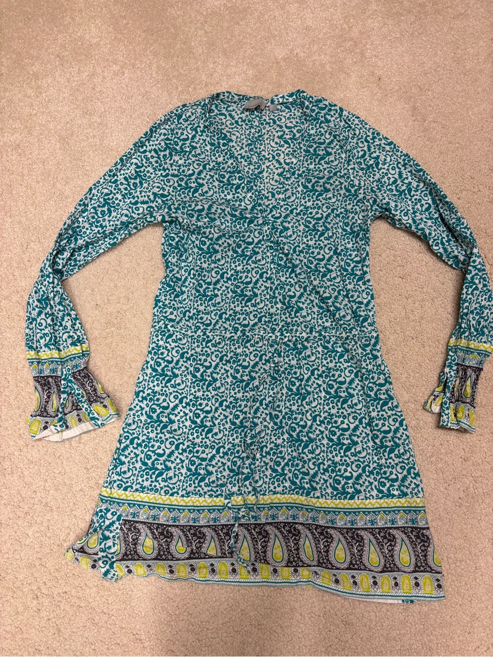 Athleta Teal & White Printed Swim Coverup with Yellow Paisley Border